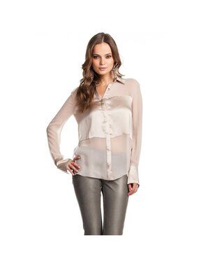 Robert Rodriguez 100% Silk Blocked Shirt Nude Sheer Button Front Ivory Beige NWT